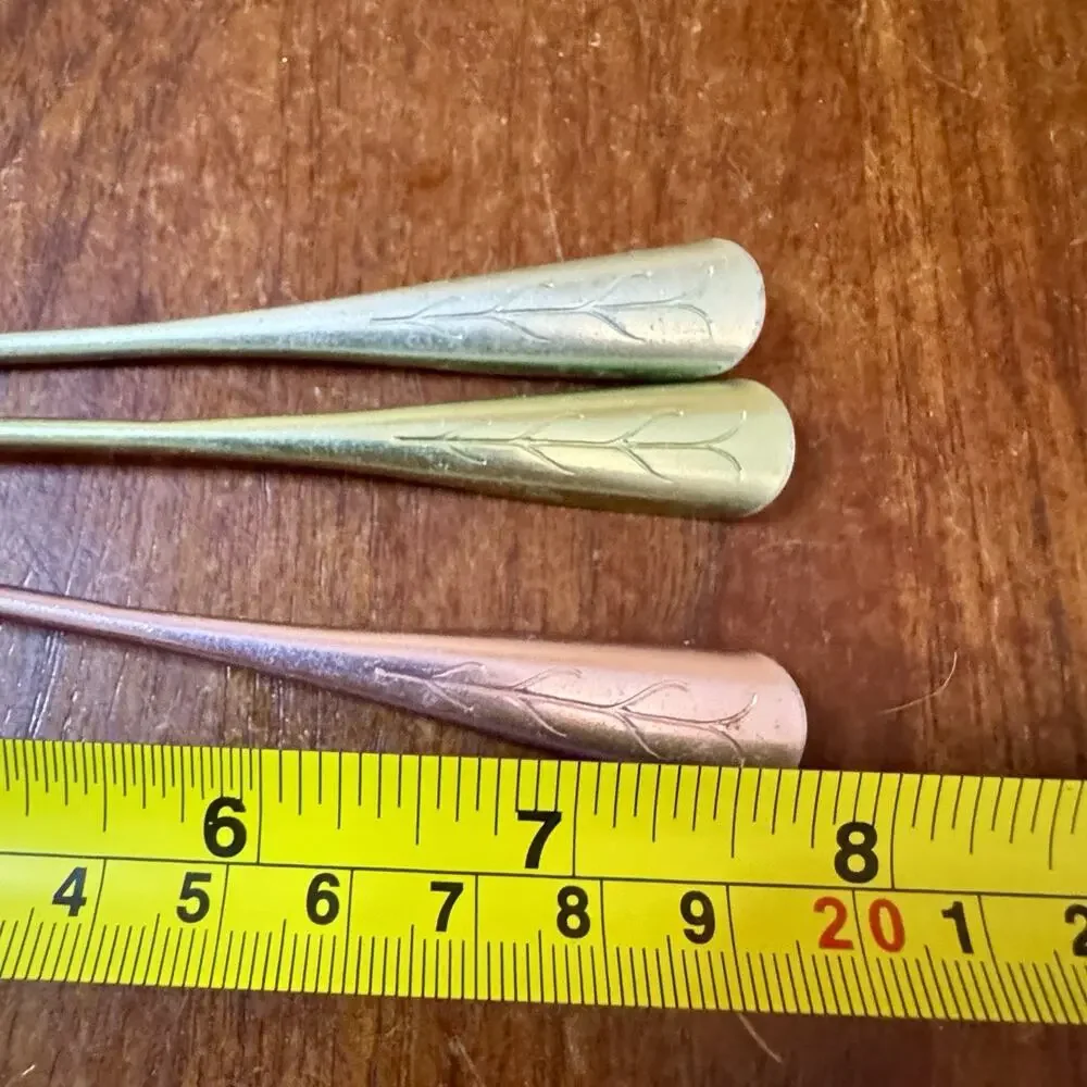Vintage 3 Anodized Aluminum Iced Tea Dessert Spoons Leaf Shaped Pastel Colors